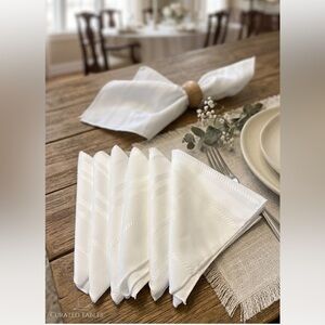 Vintage White Damask Striped Cloth Napkins - Set of 6